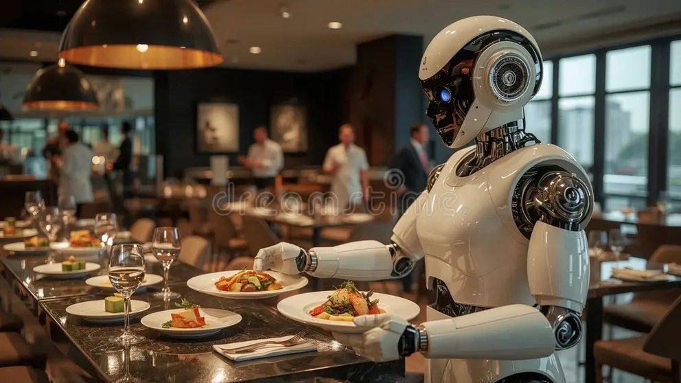 Robot waiter dishes food